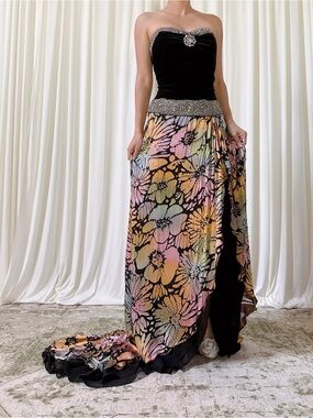 Black Velvet and Pastel Floral Maxi Skirt